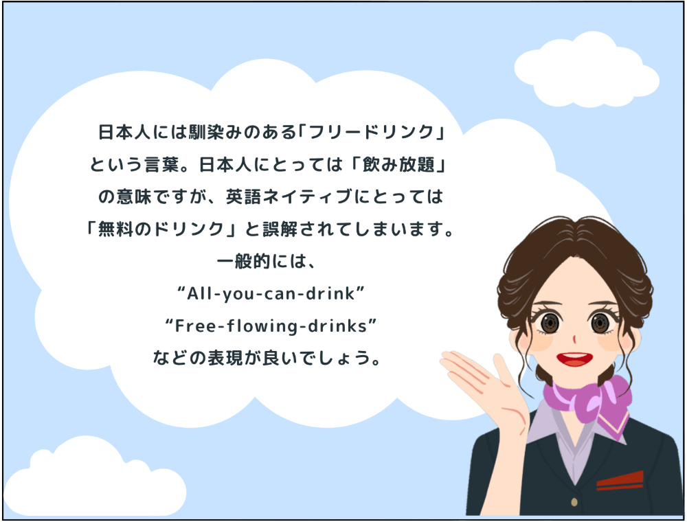 解説：日本人には馴染みのある｢フリードリンク｣という言葉日本人にとっては「飲み放題」 の意味ですが、英語ネイティブにとっては「無料のドリンク」と誤解されてしまいます。一般的には、“All-you-can-drink”“Free-flowing-drinks”などの表現が良いでしょう。