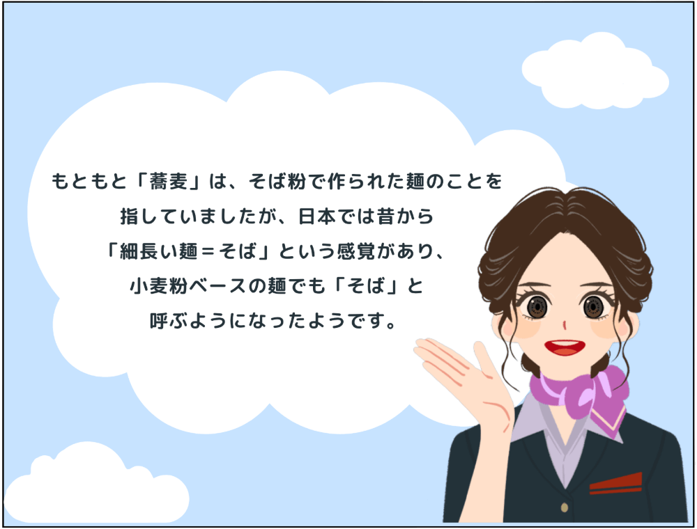 解説：もともと「蕎麦」は、そば粉で作られた麺のことを指していましたが、日本では昔から「細長い麺＝そば」という感覚があり、小麦粉ベースの麺でも「そば」と呼ぶようになったようです。