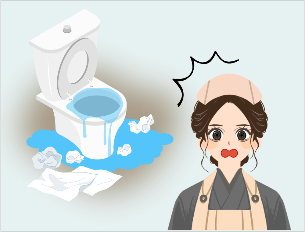 水浸しで紙が散らばった状態のトイレに驚くスタッフ